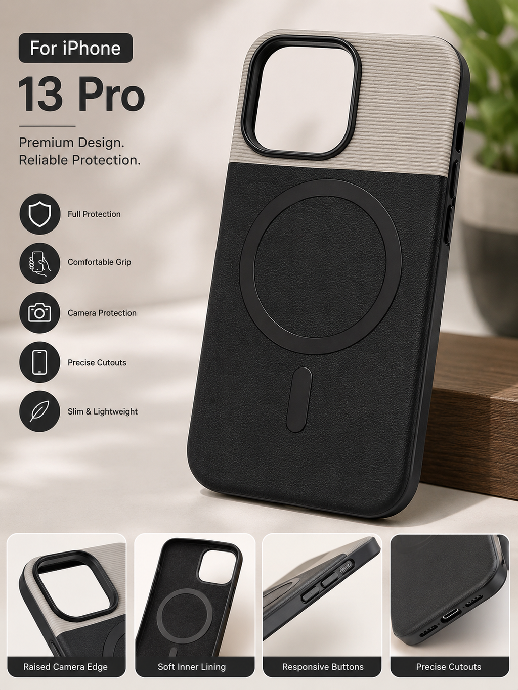 Premium Leather Texture Back Cover for iPhone 13 Pro – Slim Protective Case